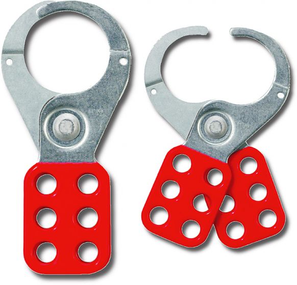  Lockout Hasp steel, red plastic coated, scissor action 38mm dia jaws 